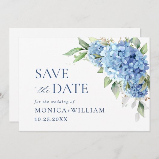 Elegante Blauwe Hortensia Bloemen Bruiloft Save The Date (Voorkant / Achterkant)