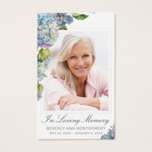 Elegante Blauwe Hortensia Bloemen Foto Rouwkaart Visitekaartje (Voorkant)