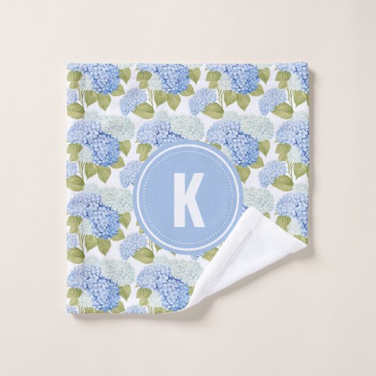 Elegante Blauwe Hortensia Bloemen Patroon Monogram Bad Handdoek (Wasdoekje)