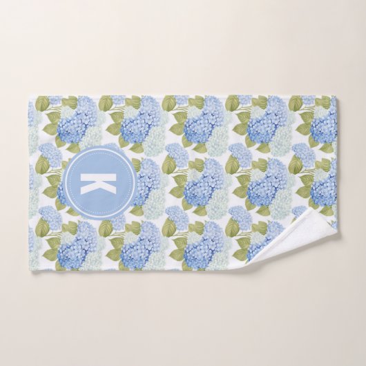Elegante Blauwe Hortensia Bloemen Patroon Monogram Bad Handdoek (Handdoek)