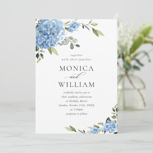 Elegante blauwe hortensia bloemenbruiloft alles in kaart (Staand voorkant)