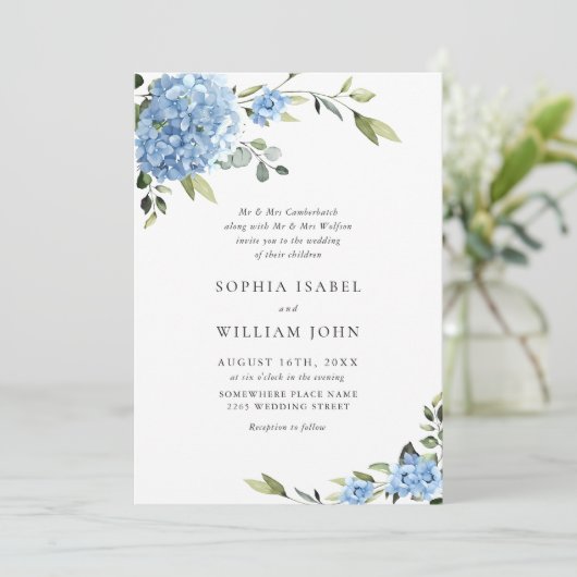 Elegante blauwe hortensia bloemenbruiloft alles in kaart (Staand voorkant)