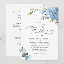 Elegante blauwe hortensia bloemenbruiloft alles in kaart