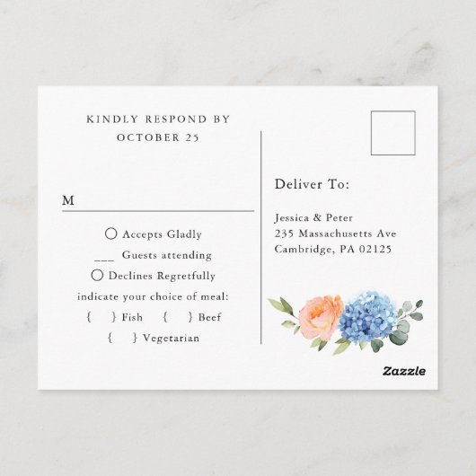 Elegante Blauwe Hortensia Blush Rozen Trouw RSVP Briefkaart (Achterkant)