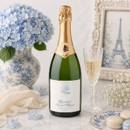 Elegante Blauwe Hortensia Bruidsborrel Sparkling Wijnetiket