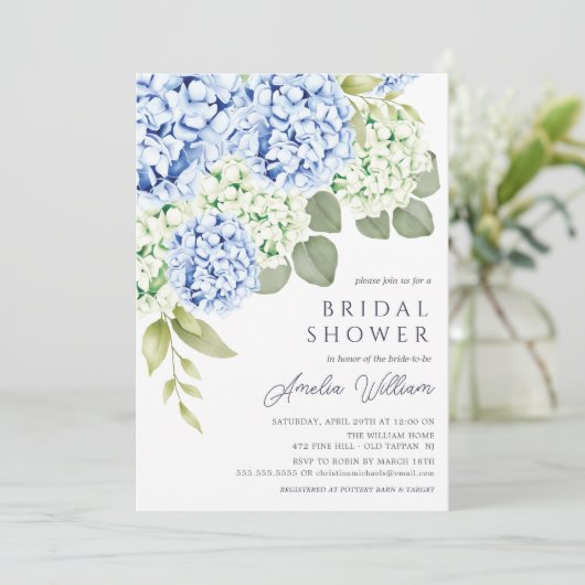 Elegante blauwe hortensia bruidsborrel uitnodiging (Staand voorkant)