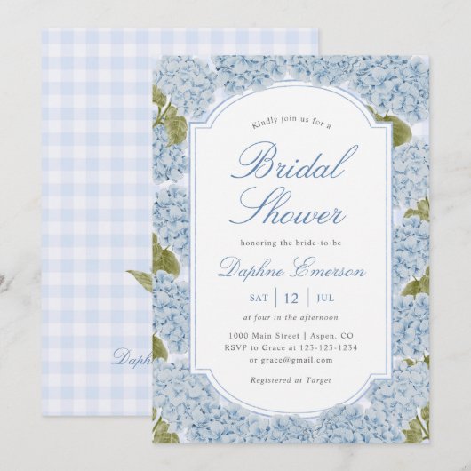 Elegante Blauwe Hortensia Bruidsdouche Kaart (Voorkant / Achterkant)