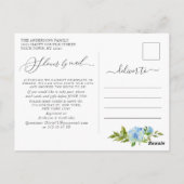 Elegante blauwe hortensia bruidsdouche per post briefkaart (Achterkant)
