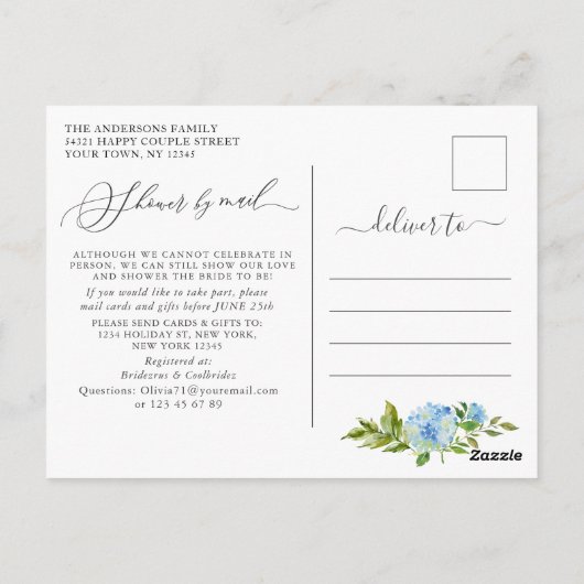 Elegante blauwe hortensia bruidsdouche per post briefkaart (Achterkant)