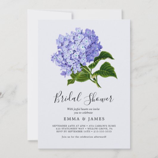 Elegante Blauwe Hortensia Bruidsfeest Uitnodiging (Voorkant)