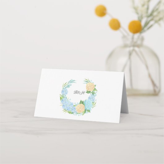 Elegante blauwe hortensia bruiloft gevouwen plaats plaatskaartje (Achterkant)