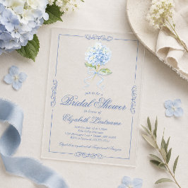 Elegante Blauwe Hortensia Bruiloftsborrel Acryl Uitnodigingen