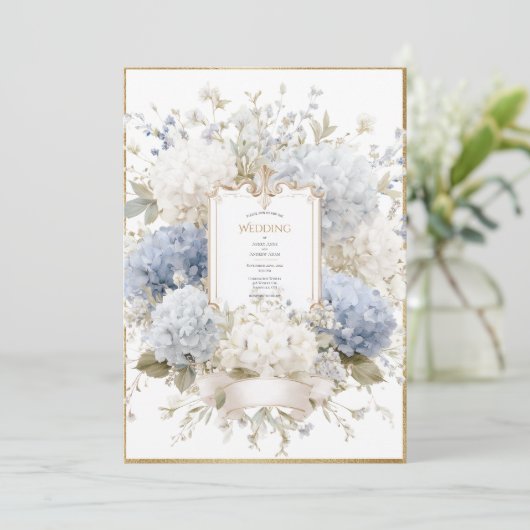 Elegante Blauwe Hortensia Budget Bruiloft Kaart (Staand voorkant)