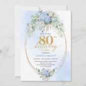 Elegante Blauwe Hortensia Eucalyptus 80ste Verjaar Kaart (Voorkant)
