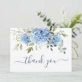 Elegante blauwe hortensia eucalyptus bedankkaart kaart (Staand voorkant)