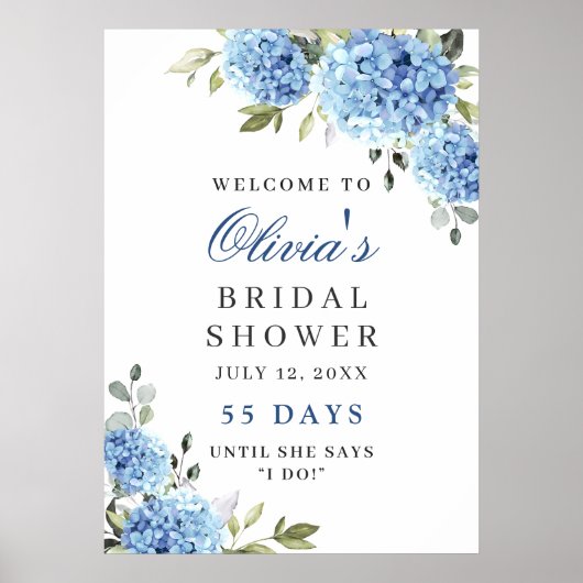 Elegante Blauwe Hortensia Eucalyptus Bruidsdouche Poster (Voorkant)