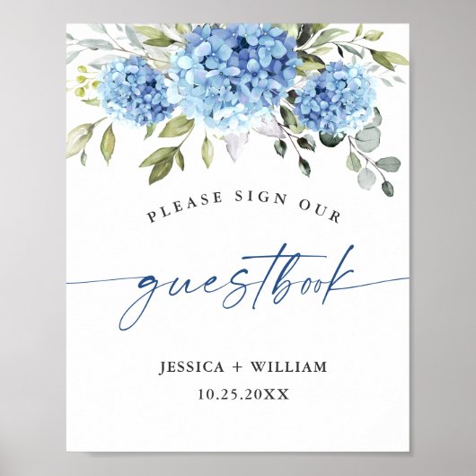Elegante blauwe hortensia Eucalyptus Guestbook Sig Poster (Voorkant)