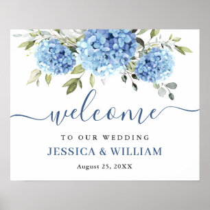 Elegante blauwe hortensia eucalyptus huwelijksontv poster
