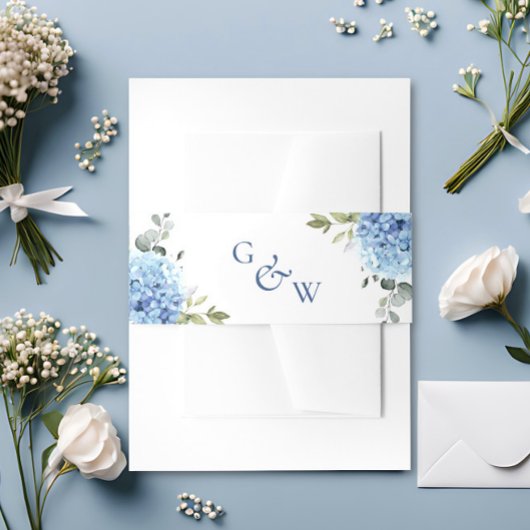 Elegante Blauwe Hortensia Eucalyptus Monogram Brui Uitnodigingen Wikkel