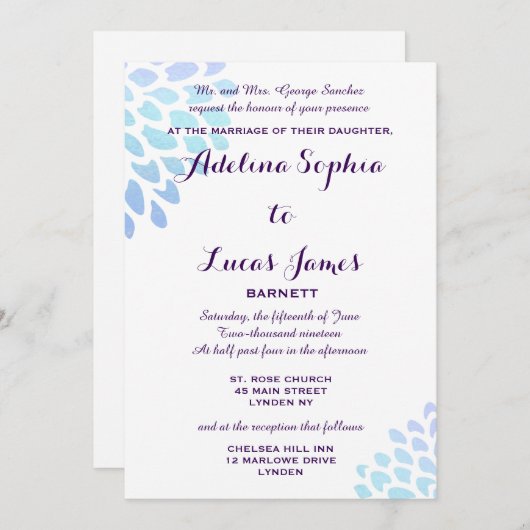 Elegante blauwe hortensia formele bruiloft uitnodi kaart (Voorkant / Achterkant)