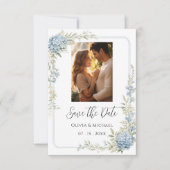 Elegante Blauwe Hortensia Foto Save the Date (Voorkant)