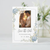 Elegante Blauwe Hortensia Foto Save the Date (Staand voorkant)