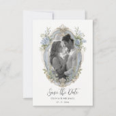 Elegante Blauwe Hortensia Frame Foto Bewaar de Dat Save The Date (Voorkant)
