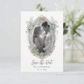 Elegante Blauwe Hortensia Frame Foto Bewaar de Dat Save The Date (Staand voorkant)