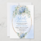 Elegante Blauwe Hortensia Gouden Script 16e Verjaa Kaart (Voorkant)