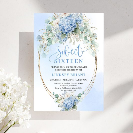 Elegante Blauwe Hortensia Gouden Script 16e Verjaa Kaart