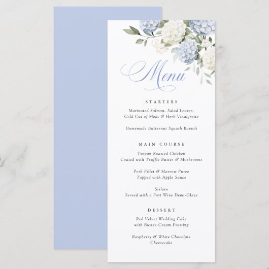 Elegante blauwe hortensia groen weddingmenu menu (Voorkant / Achterkant)