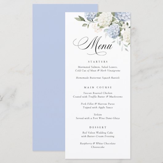 Elegante blauwe hortensia groen weddingmenu menu (Voorkant / Achterkant)