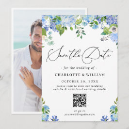 Elegante Blauwe Hortensia Groene Fototrouw QR Save The Date