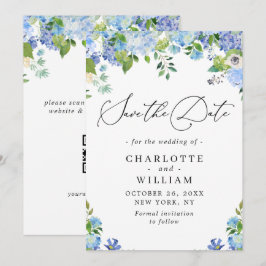 Elegante Blauwe Hortensia Groene Huwelijks QR Save The Date