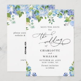 Elegante Blauwe Hortensia Groene Huwelijks QR Save The Date