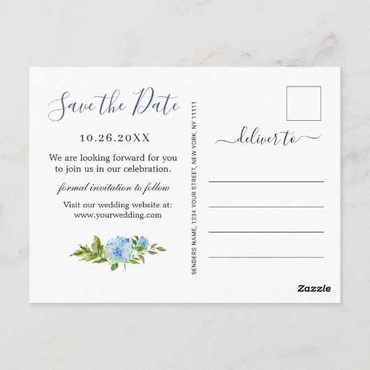 Elegante Blauwe Hortensia Huwelijk Save The Date Briefkaart (Achterkant)