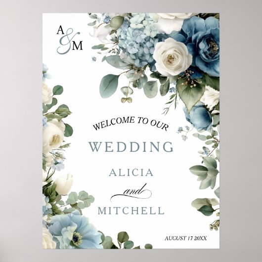 Elegante Blauwe Hortensia Ivoor Roos Bloemen Huwel Poster (Voorkant)