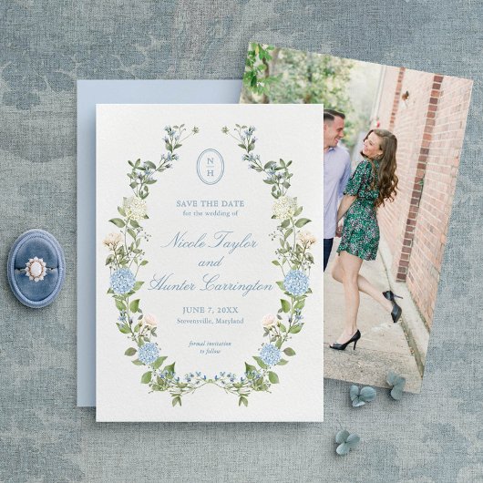 Elegante blauwe hortensia monogram Bewaar de datum Kaart