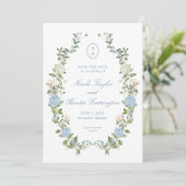 Elegante blauwe hortensia monogram Bewaar de datum Kaart (Staand voorkant)