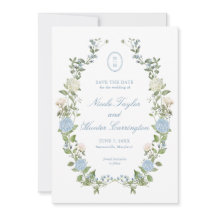 Elegante Blauwe Hortensia Monogram Trouwkaart