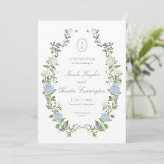 Elegante Blauwe Hortensia Monogram Trouwkaart Kaart