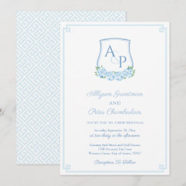 Elegante Blauwe Hortensia Monogram Wapen Huwelijk Kaart