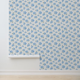 Elegante Blauwe Hortensia Patroon Grijze Streep Behang