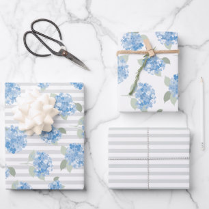 Elegante blauwe hortensia patroon grijze streep  inpakpapier vel