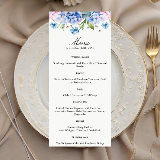 Elegante Blauwe Hortensia Rand Trouwpapier Menu
