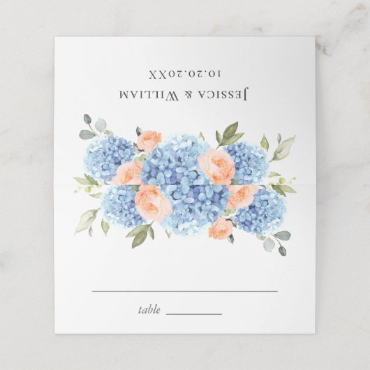 Elegante Blauwe Hortensia Roze Blush Rozen Plaatskaartje (Buitenkant ongevouwen)