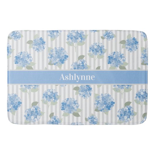 Elegante Blauwe Hortensia Saliegroen Grijze Streep Badmat (Voorkant)
