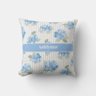 Elegante Blauwe Hortensia Saliegroen Grijze Streep Kussen