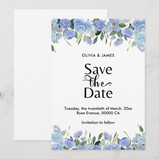 Elegante Blauwe Hortensia Save The Date (Voorkant / Achterkant)