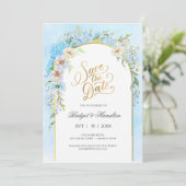 Elegante Blauwe Hortensia Save The Date (Staand voorkant)
